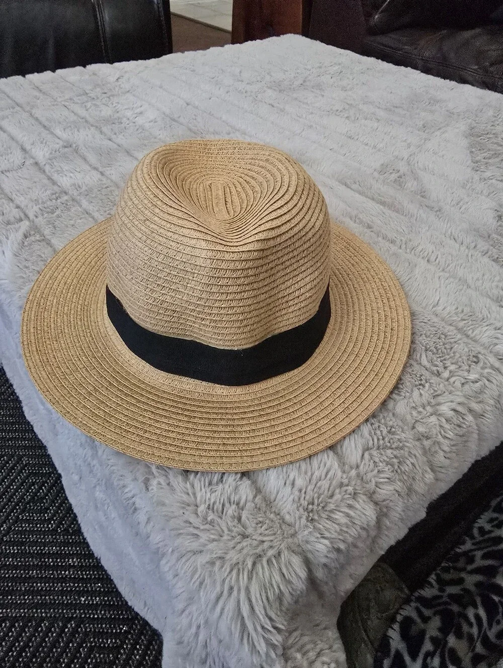 H&M Tan Straw Fedora with Navy Band - Summer Essential
